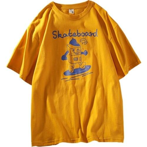 Summer New Print Cartoons Play Skateboard Milk Carton Pattern Women T Shirt Loose Cotton Short Sleeve Girl Yellow Tees Tops