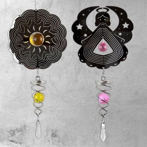 3D Metal Wind Chime Rotating Crystal Wind Spinner Stainless Steel Mirror Finish Garden Hanging Ornament with Spiral Tail For Out