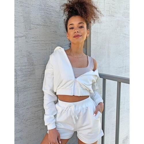 Fashion Sports Clothing Suit Casual Womens Girls Zipper Sweater Hoodie Long Sleeve Hoodies+High Wait Shorts Sets 2Pcs