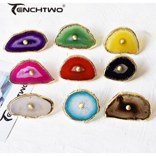 Natural agate gemstone brass handle gold kitchen bathroom wine cabinet childrens furniture handles drawer square knobs art