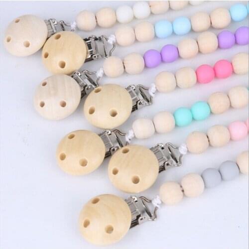 New Fashion Baby Soothing Wooden pacifier Clip Personalised Baby Dummy Soother Clip Holder Strap Gift