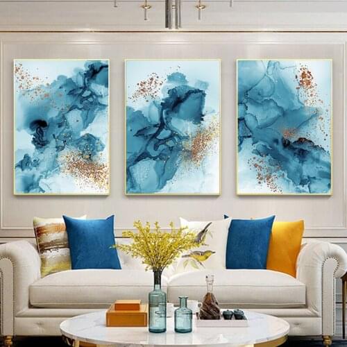 Simple Abstract Blue Wave Golden Spots Canvas Painting Romanticism Wall Art Poster Modern Home Decoration Living Room Picture