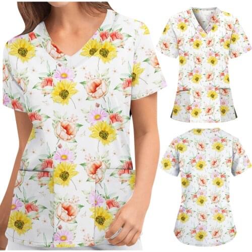 S-XXL Summer daisy print Women Short Sleeve V-neck Floral Pattern Tops Nursing Working Uniform T-shirts camiseta enfermera F4