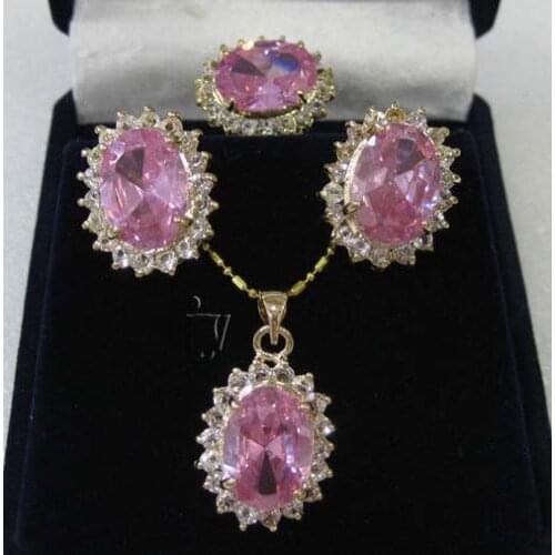 Pink Crystal Earrings & Ring & Necklace Pendant Set