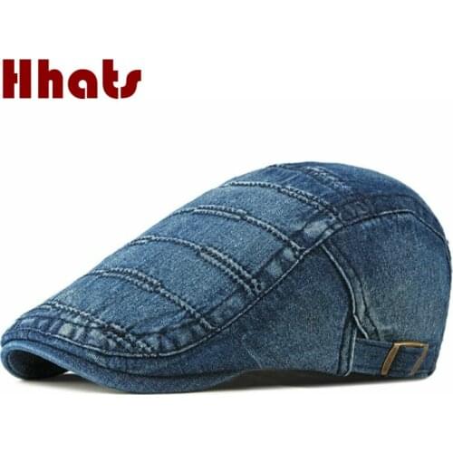 Unisex Striped Denim Beret Hat Adult Casual Jean Peaked Cap Adjustable Vintage Men Flat Sun Hat Classic Retro Newsboy Cap Gorras