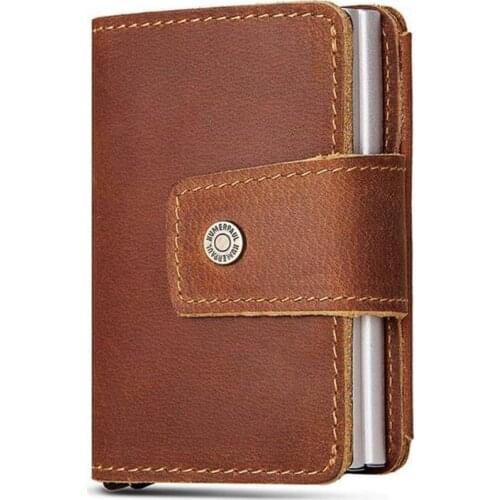 High Quality Genuine Leather RFID Blocking Hasp Card Holder Auto Aluminium Box for ID Card Bank Card Coin Purse Male Leisure