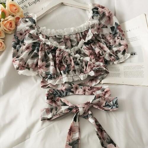 French Style Sexy Streetwear Cropped Tops Women Lace Up Bowknot Off the Shoulder V-neck Floral Womens Shirt Club Wear