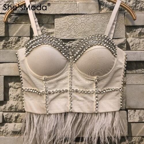 ShesModa New Mesh Diamonds Feather Bustier Womens Bralette Cropped Top Vest Plus Size