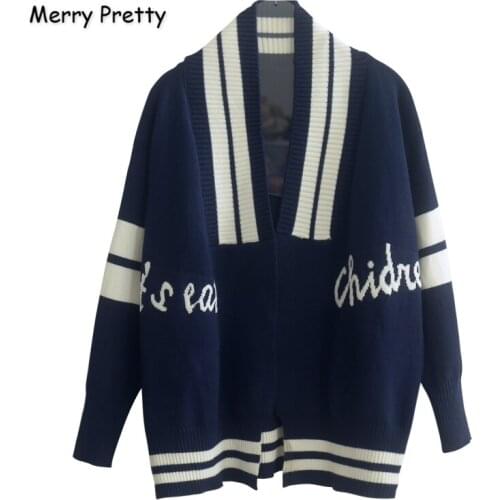 MERRY PRETTY Womens Striped Knitted Sweaters Letter Embroidery Knit Cardigan Single-breasted V-Neck Loose Sweater