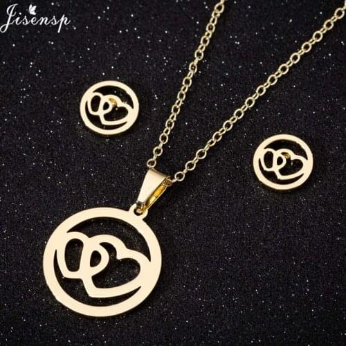 Jisensp Hollow Double Heart Pendant Necklace Jewelry Set Statement Women Wedding Choker Necklaces collares de moda 2019