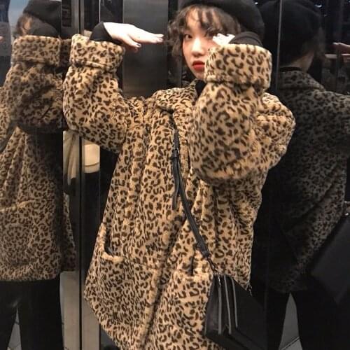 Women 2021 Winter Fashion Long Leopard Printed Coats Female New Lapel Faux Lamb Fur Overcoats Ladies Warm Faux Fur Jackets R381