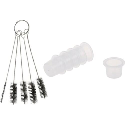 200 Plastic Medium Tattoo Ink Cups Caps Holder Supplies & 5 Pc Tattoo Cleaning Brush For Tube Tattoo Machine (Black)