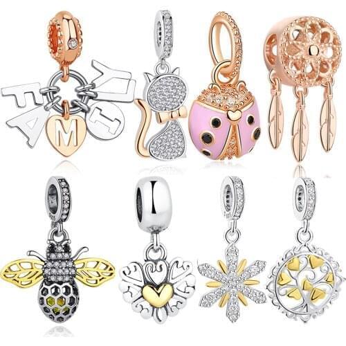 925 Sterling Silver Charms Rose Gold Family Tree Bee Cat Dangle Bead Fit Charm Silver 925 Original Bracelet DIY Jewelry