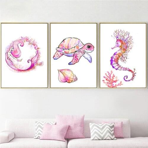 Watercolor Seahorse Turtle Mermaid 5ddiamond painting mosaic cartoon kid Diamond embroidery rhinestones full square roundZP-3183