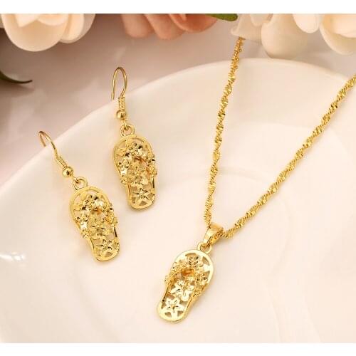 Bangrui Dubai Gold Color flower shoe set Jewelry Pendant Chain Earrings African Bride Wedding bridal Flower Bijoux wife gifts