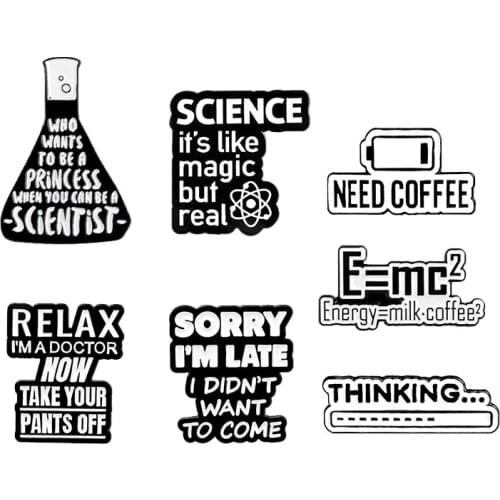 Coffee Time Enamel Pin Science Is Magic Energy Coffee Milk Badge Bag Lapel Pin Black White Brooch Scientist Jewelry Gift Friends