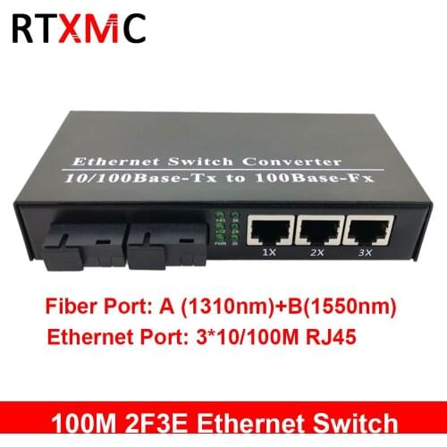 Fast Ethernet 2F3E 10/100M Ethernet Switch 2 Fiber Port SC 25KM 2 UTP RJ45 Fast Erhetnet Fiber Optical Switch with power supply