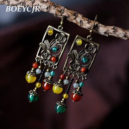 BOEYCJR Ethnic Natural Stone Copper Flower Drop Earrings Vintage Jewelry Vintage Dangle Hook Earrings For Women Gift