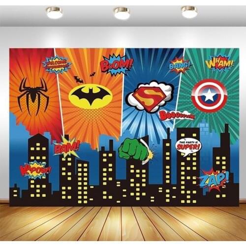 Superhero Photo Backdrop City Buildings Boys Birthday Party Baby Shower Photography Background Decor Banner Studio Prop