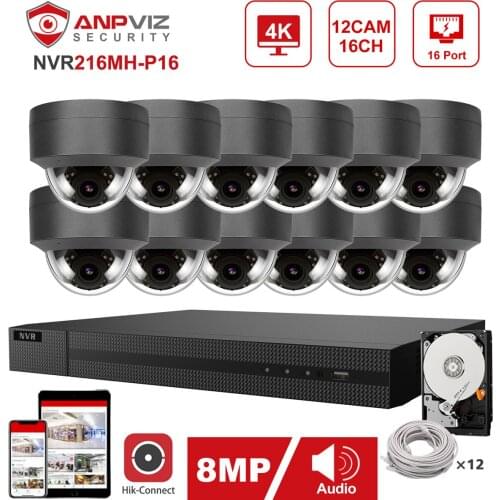 Hikvision OEM 16CH 4K NVR Anpviz 12pcs 8MP POE IP Camera System Indoor/Outdoor IP Camera Security Surveillance Kit IP66 30m P2P