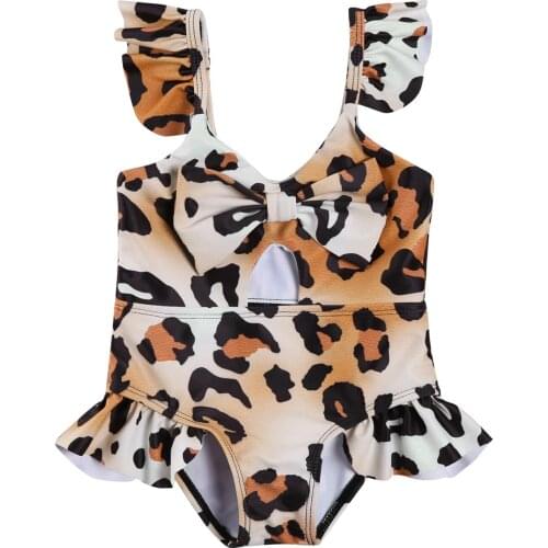 Little Girls Leopard Print Jumpsuit, O-neck Sleeveless Hollowing Out Short Pants One-piece Swimsuit with Bow