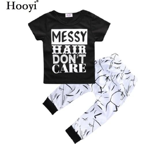 Hooyi Summer Baby Girls Clothes Set Children Black T-Shirt White Pant Suit Messy Hair Don't Care Kids Outfit 100% Cotton Tops