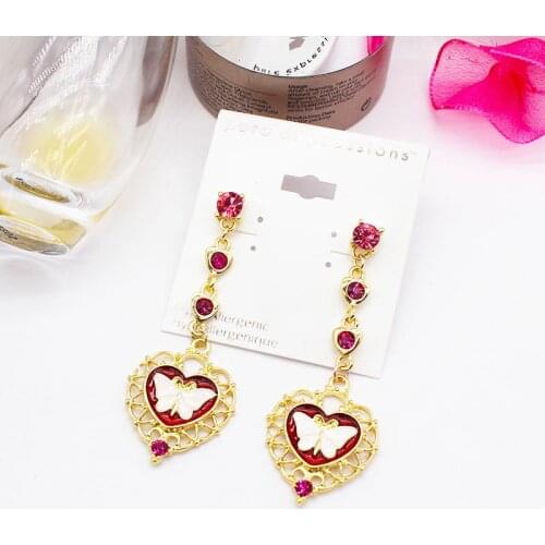 Fashion Japanese and Korean Ornament Wholesale De-Lovely Golden Heart-Shaped Pink Crystal Butterfly Pendant Ear Dangle Earrings