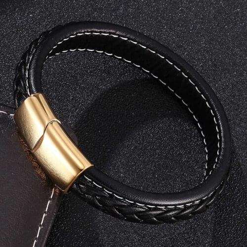 Fashion Black Leather Braided Bracelet Men Gold Stainless Steel Magnetic Buckle Vintage Bangles Male WristBand Gifts S0219