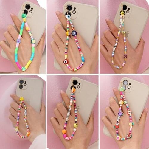 New Colorful Polymer Clay Pearls Mobile Phone Chain For Women Girls Smile Soft Pottery Letter Rope For Phone Case Hanging Cord