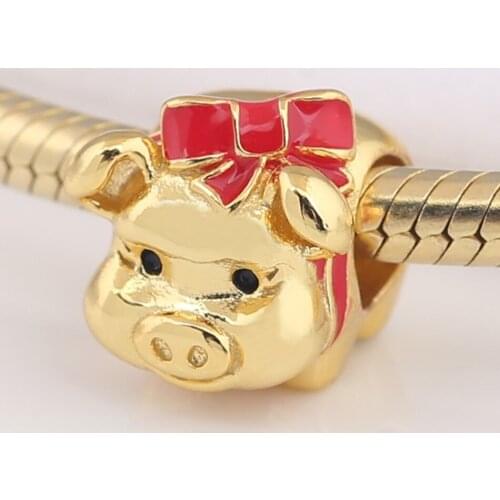 Authentic S925 Silver Rose Mixed Enamel Piggy Bank Animal Bead Charm fit Lady Bracelet Bangle DIY Jewelry