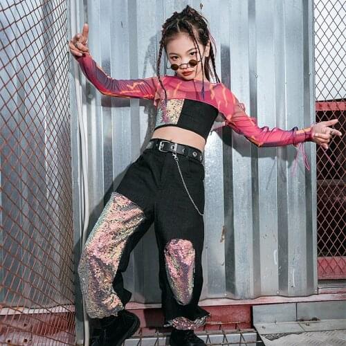 Sequins Hip Hop Dancewear Kids Fashion Teen Girls Clothing Performance Costume Cheerleader Uniform Jazz Dancer Outfit DL7558