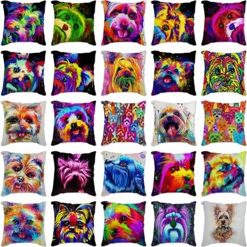 Creative Dog Cushion Cover Yorkie Dog colorful Poster Throw Pillow Case Animals Cushion Cover Home Decoration Pillowcase Sofa