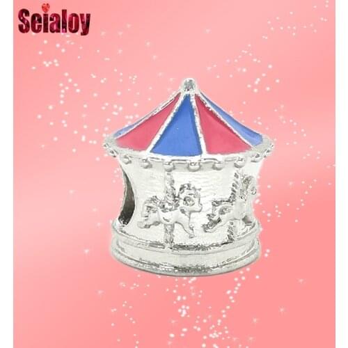 Seialoy 1pcs Red Blue Carousel Charm Beaded Fit Bracelet & Bangle Necklace Jewelry Silver Color Accessories Beads