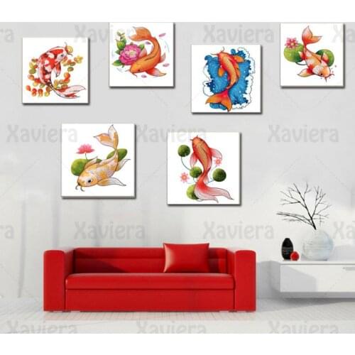 Modern HD Printing Chinese Painting Koi Fish Lotus Leaf Canvas Square Poster Wall Art Picture for Living Room Home Decor Unframe