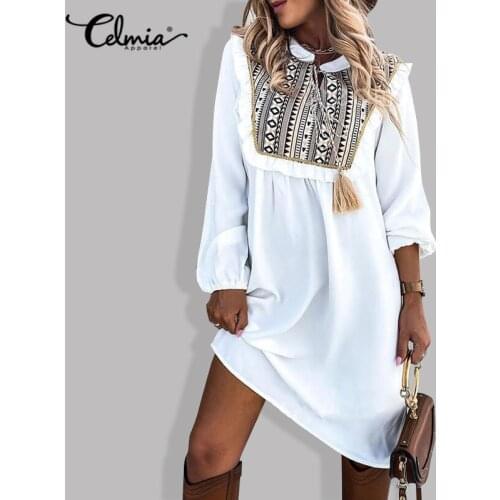 Celmia Vintage Printed Womens Dress 2021 Spring Long Sleeve Ruffles Sundress Casual Patchwork Lace-up Bohemian Party Vestidos