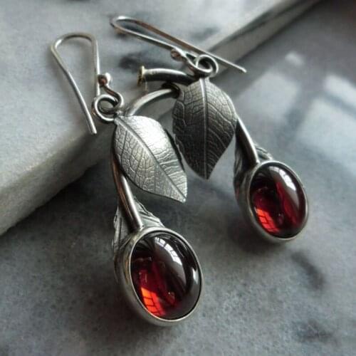 Vintage Leaf Drop Earrings Silver Color Metal Leaves Jewelry Bohemian Garnet Zircon Dangle Earrings For Women