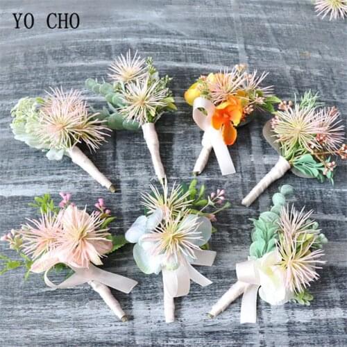 YO CHO Bridegroom Corsage Wrist Flower Artificial Flower Succulent Hydrangea Pompom Bridesmaids Wedding Boutonniere Bracelet