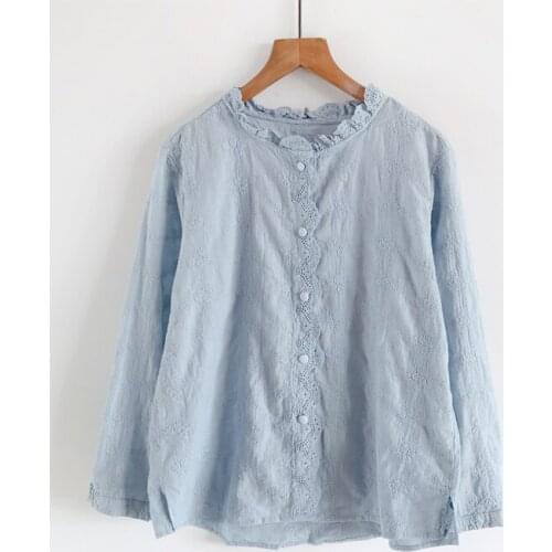 Autumn New Palace Style Temperament Small Lace Stand-Up Collar Lace Placket Full Embroidered Cotton Shirt Fashion Women Blouses