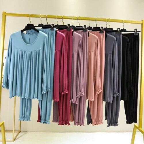 Women Spring Autumn Pajamas Set New Plus Fat Large Size Sleepwear Loose Comfortable Modal Pijama Long Sleeve Trousers Home Suit