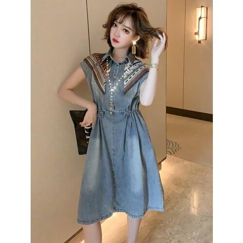 Vintage printed tassel stitched drawstring denim dress for women 2021 Spring new