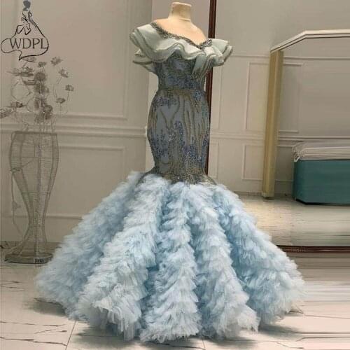 2020 Couture Baby Blue Prom Dresses Mermaid Off the Shoulder Ruffled Skirt Beaded Evening Dress robe de soiree abendkleider