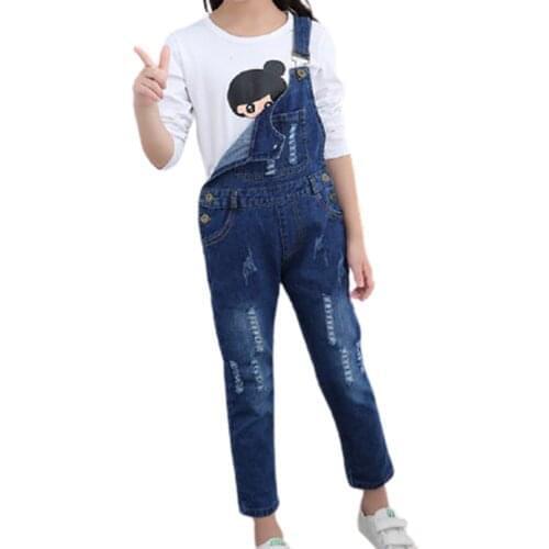 2021 New Kids Denim Overall for Girls Children Ripped Suspenders Pencil Jeans Trousers Kids Jumpsuit Girls Denim Bib Overalls