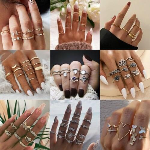 2021 Boho Vintage Gold Star Knuckle Rings For Women BOHO Crystal Star Crescent Geometric Female Finger Rings Set Jewelry