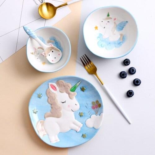 Children tableware cartoon unicorn ceramic household dining Bowl plate creative cute breakfast cup Big Noodle Bowl dinner plates