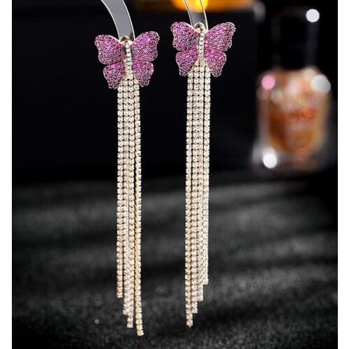 Europe and America New Fashion Butterfly Tassel Dangle Earrings For Women Brand Designer Statement Long Pendant Earings With CZ