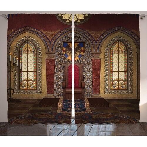 Gothic House Decor Curtains Red Medieval Throne in Chapel Eagle Portrait on Wall Ancient Fantasy Building Living Room Bedroom
