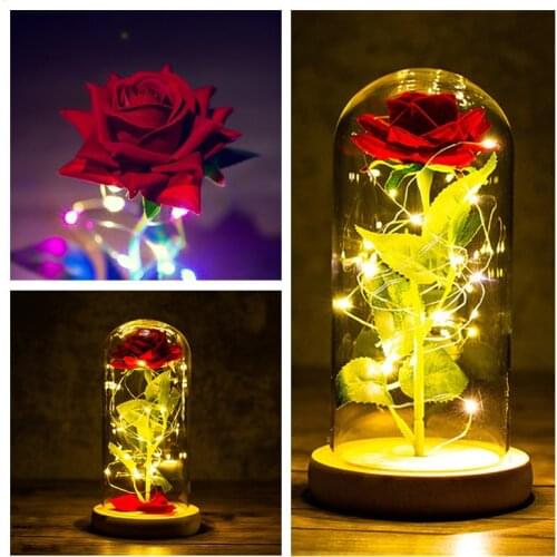 Artificial Rose Flowers LED Light Beauty The Beast In Glass Cover Wedding Christmas Home Decor for Mother Valentines Day Gifts