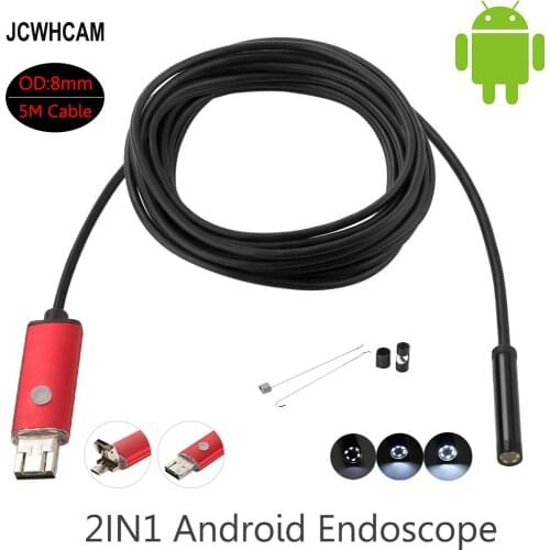JCWHCAM 8mm 2.0MP USB Endoscope 5M cable Android mini camera Borescope for OTG USB pipe camera Snake Camera Car inspection