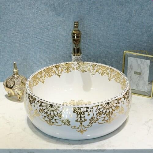 Gold pattern Chinese Antique ceramic sink china wash basin Ceramic Counter Top Wash Basin Bathroom Sinks cabinet bathroom sink