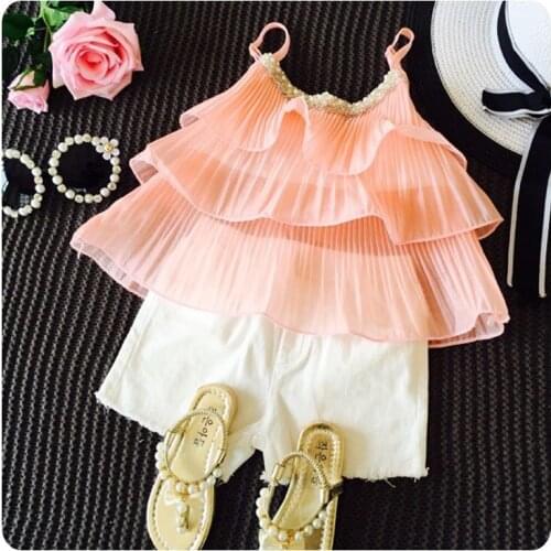 2016 Summer Korean Girl Garment New Pattern Pieces Set Girl Baby Nail Pearl Lead Edge Cake Camisole Unlined Upper Garment Suit
